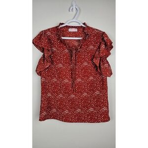 Red Polka Dot Top Women Medium Flutter Sleeve Ruffle Tie Neck